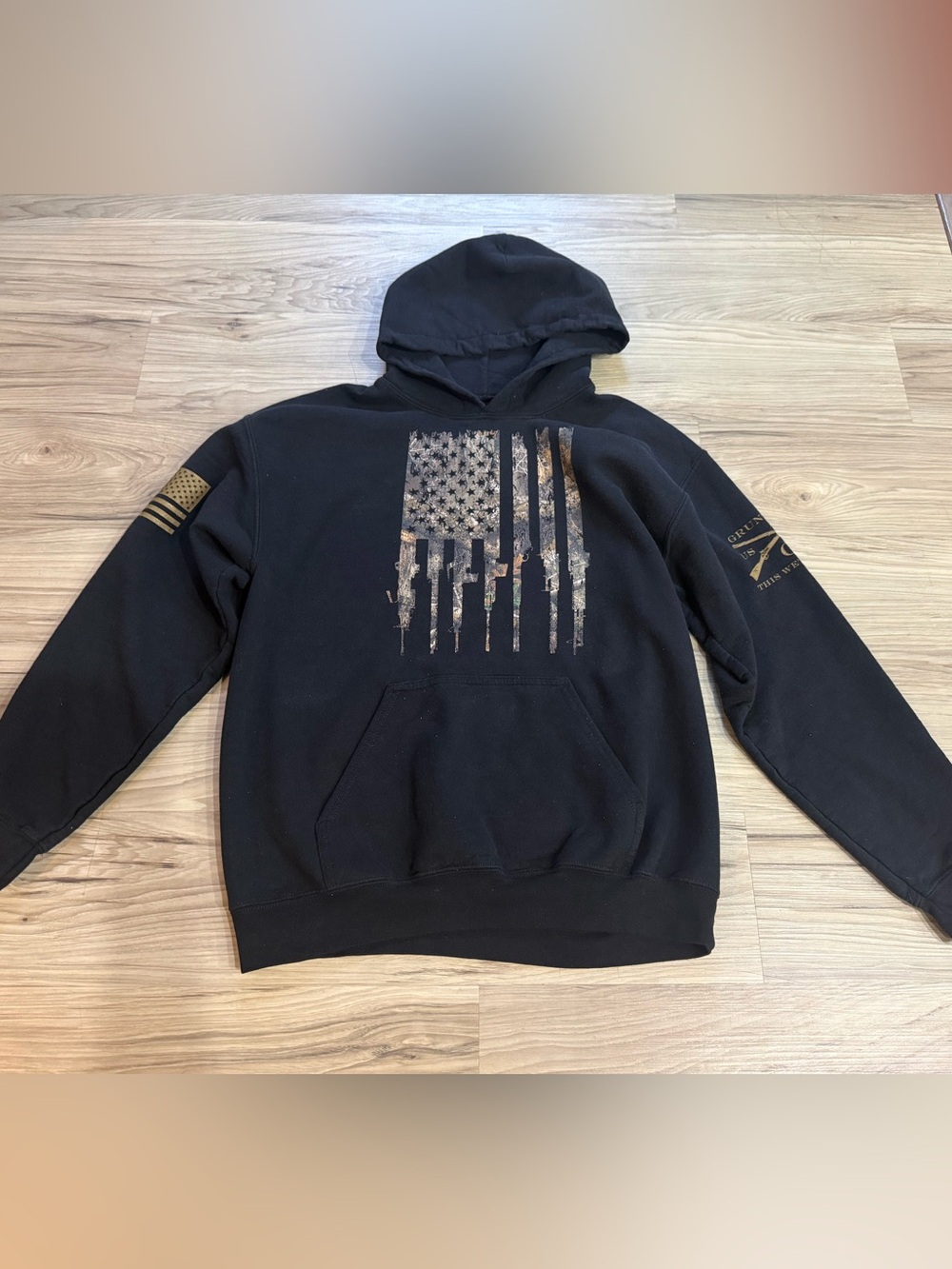 Grunt Style Black Hoodie with Camo Distressed American Flag Graphic Youth Medium